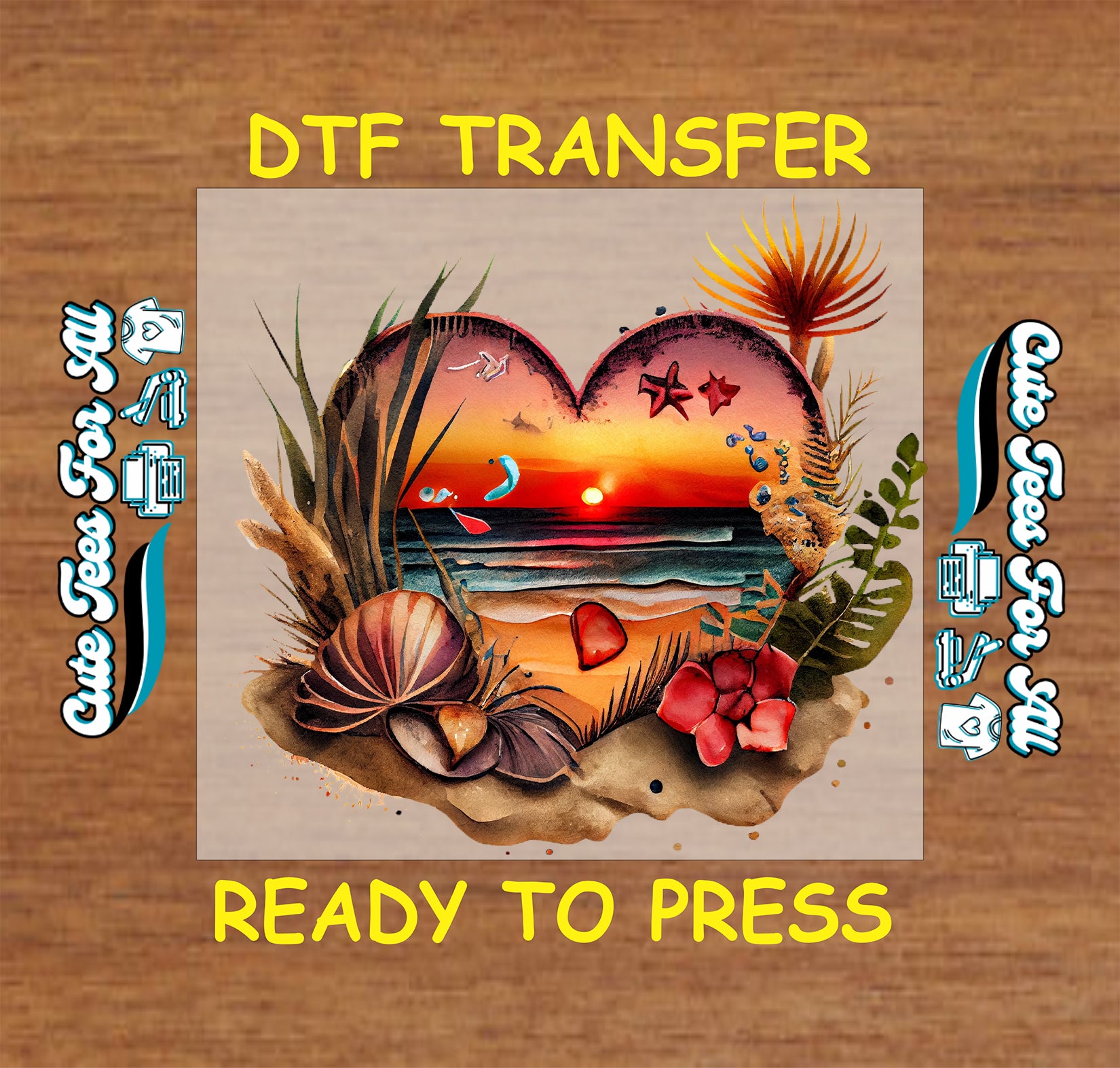 tropical beach sunset heart ready to press dtf transfer with seashell flowers ocean design iron on heat transfer