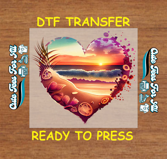 tropical beach sunset heart ready to press dtf transfer with shells floral ocean design iron on heat transfer