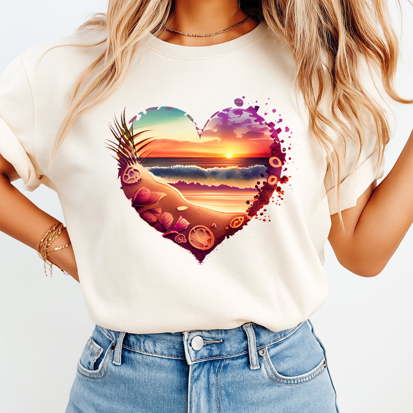 woman wearing shirt with tropical sunset beach heart shell floral design ready to press dtf transfer applied