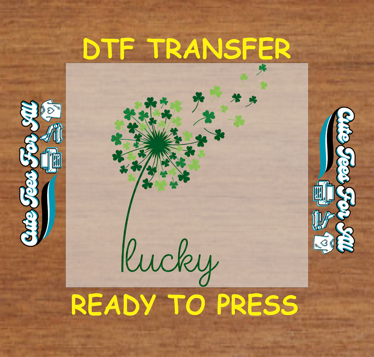 lucky clover dandelion ready to press dtf transfer with shamrocks st patricks design iron on heat transfer