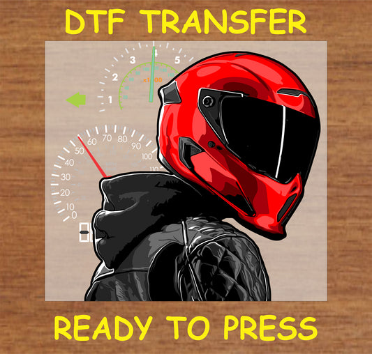 "Red Motorcycle Helmet with Speedometer DTF Transfer featuring a biker helmet and speedometer background"
