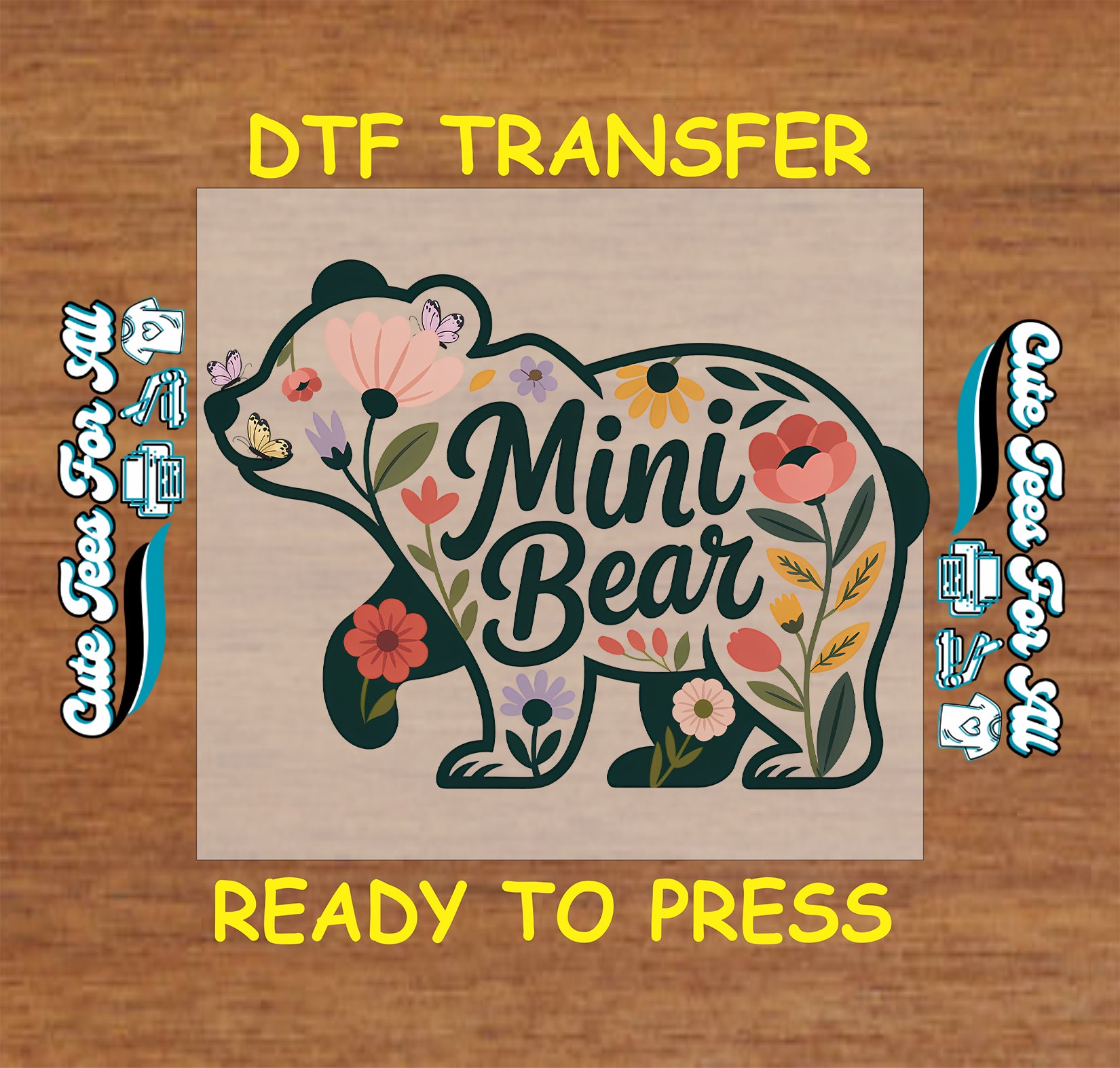 mini bear floral ready to press dtf transfer with flowers cute bear design iron on heat transfer