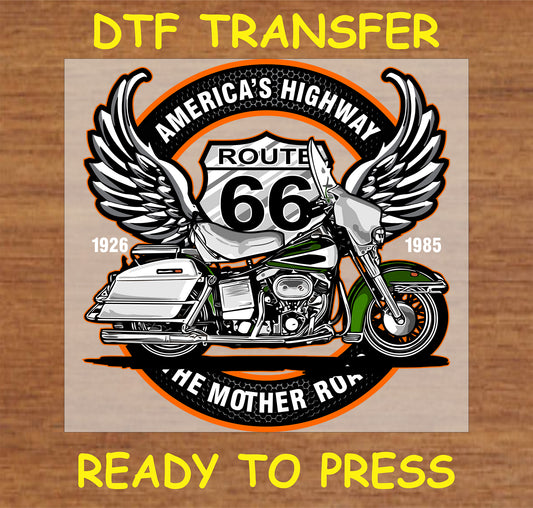 "Route 66 America's Highway DTF Transfer with vintage motorcycle, wings, and Route 66 emblem"