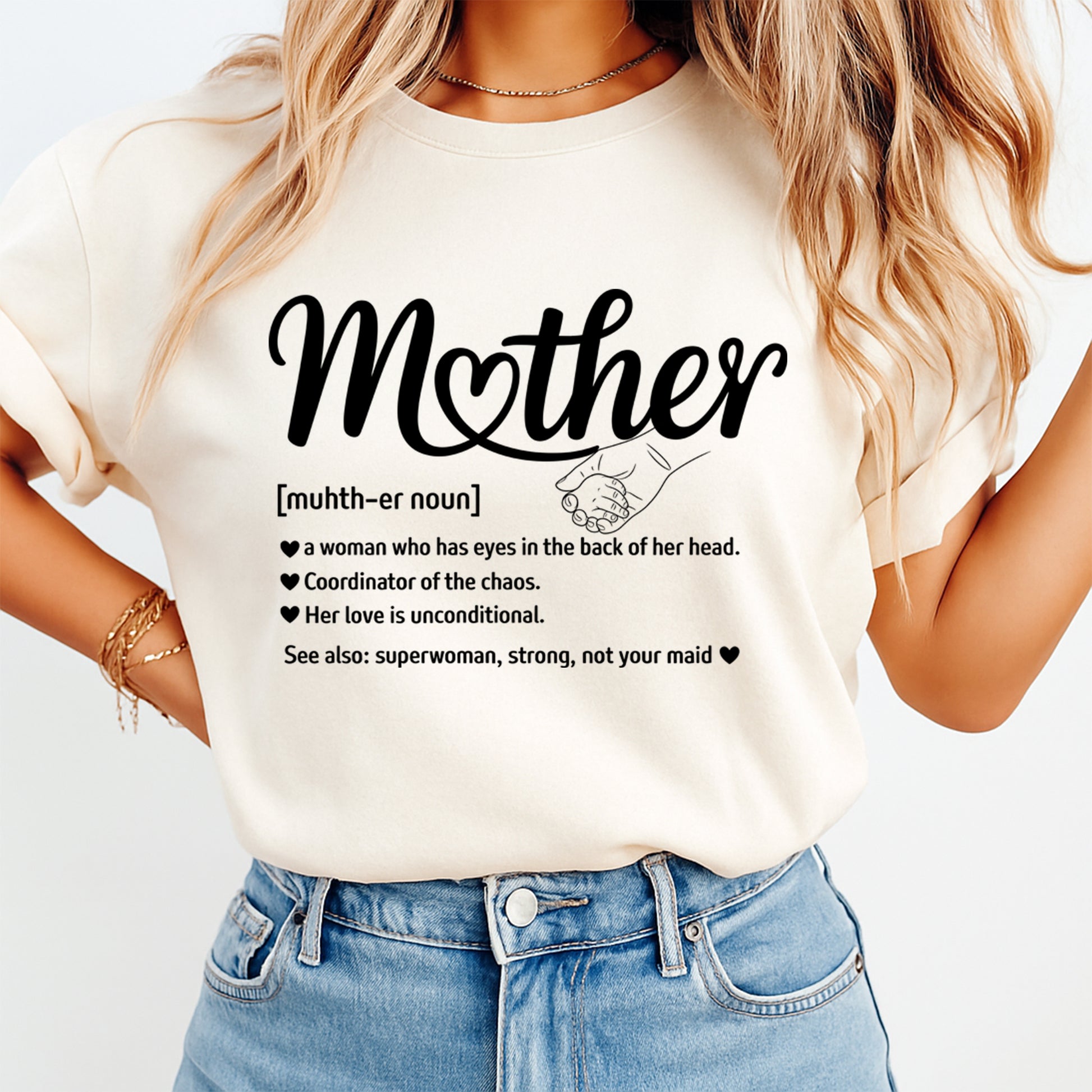 woman wearing shirt with mother definition quote design ready to press dtf transfer applied
