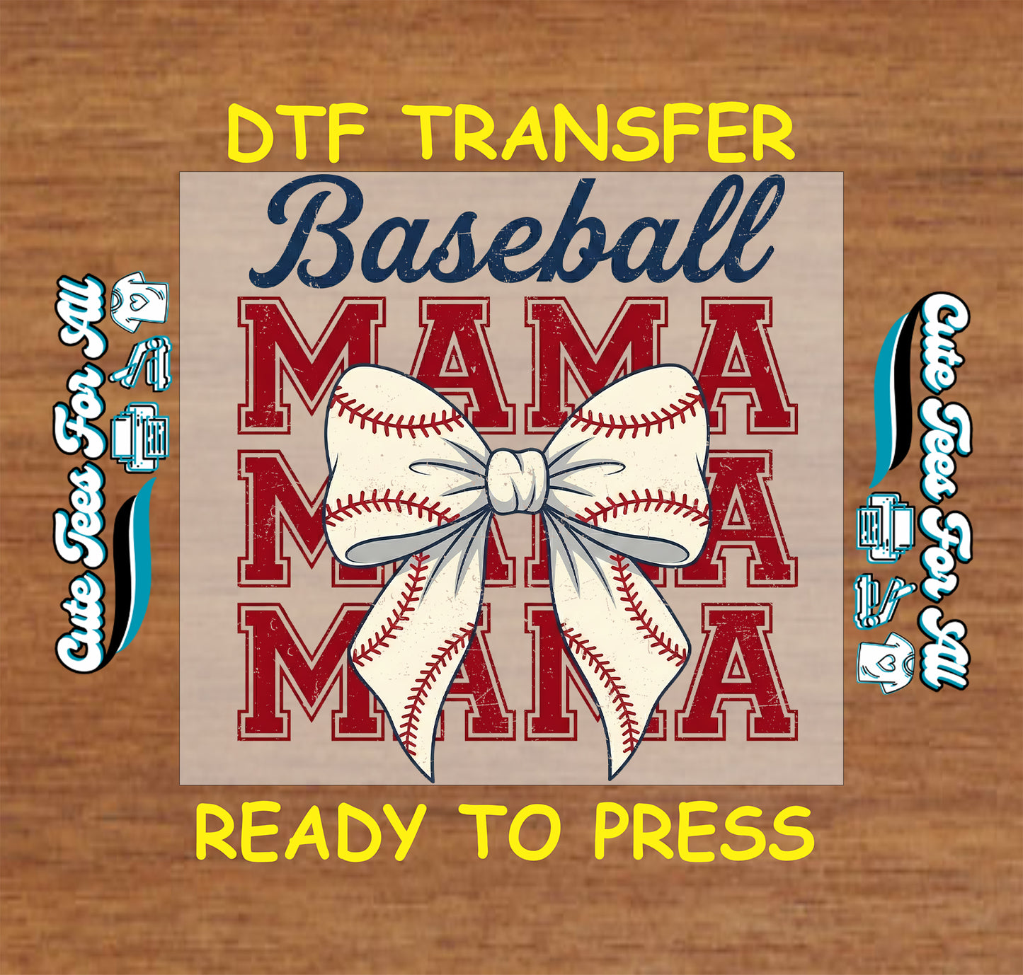 baseball mama ready to press dtf transfer with bow baseball stitching design iron on heat transfer