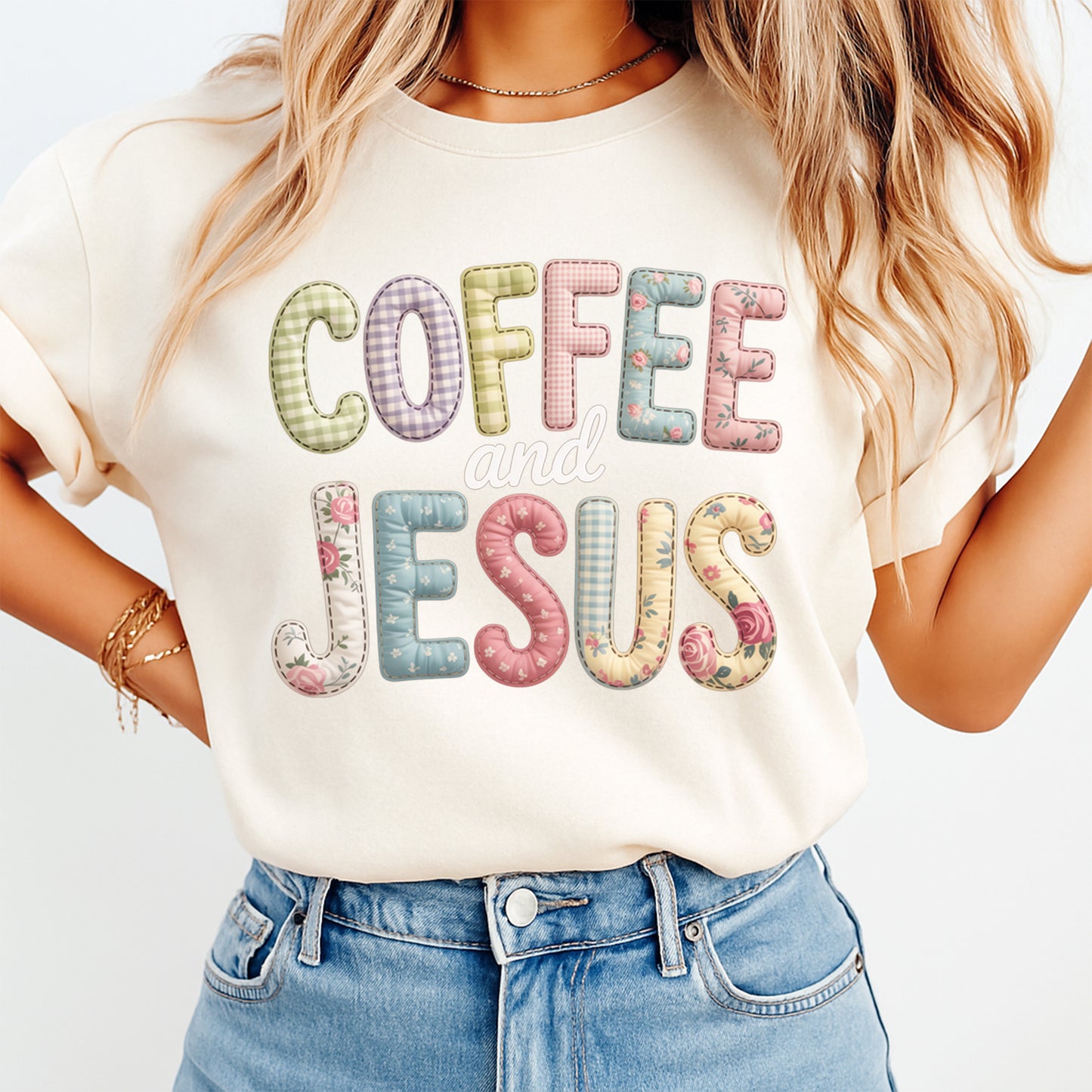 woman wearing coffee and jesus pastel patchwork floral aesthetic shirt ready to press dtf transfer applied