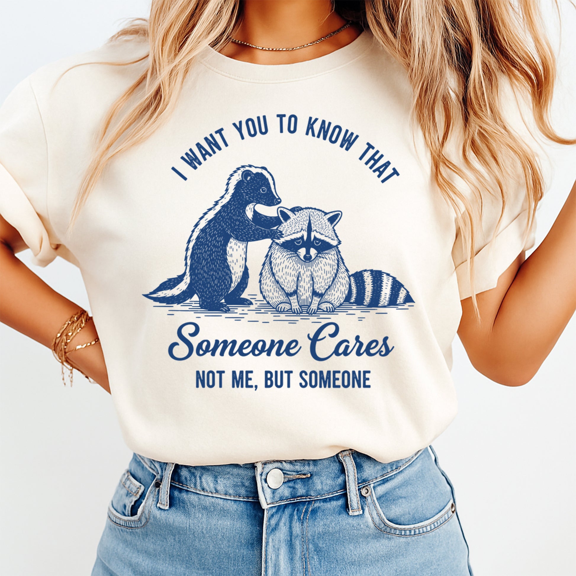 woman wearing funny raccoon sarcastic quote shirt someone cares design ready to press dtf transfer applied