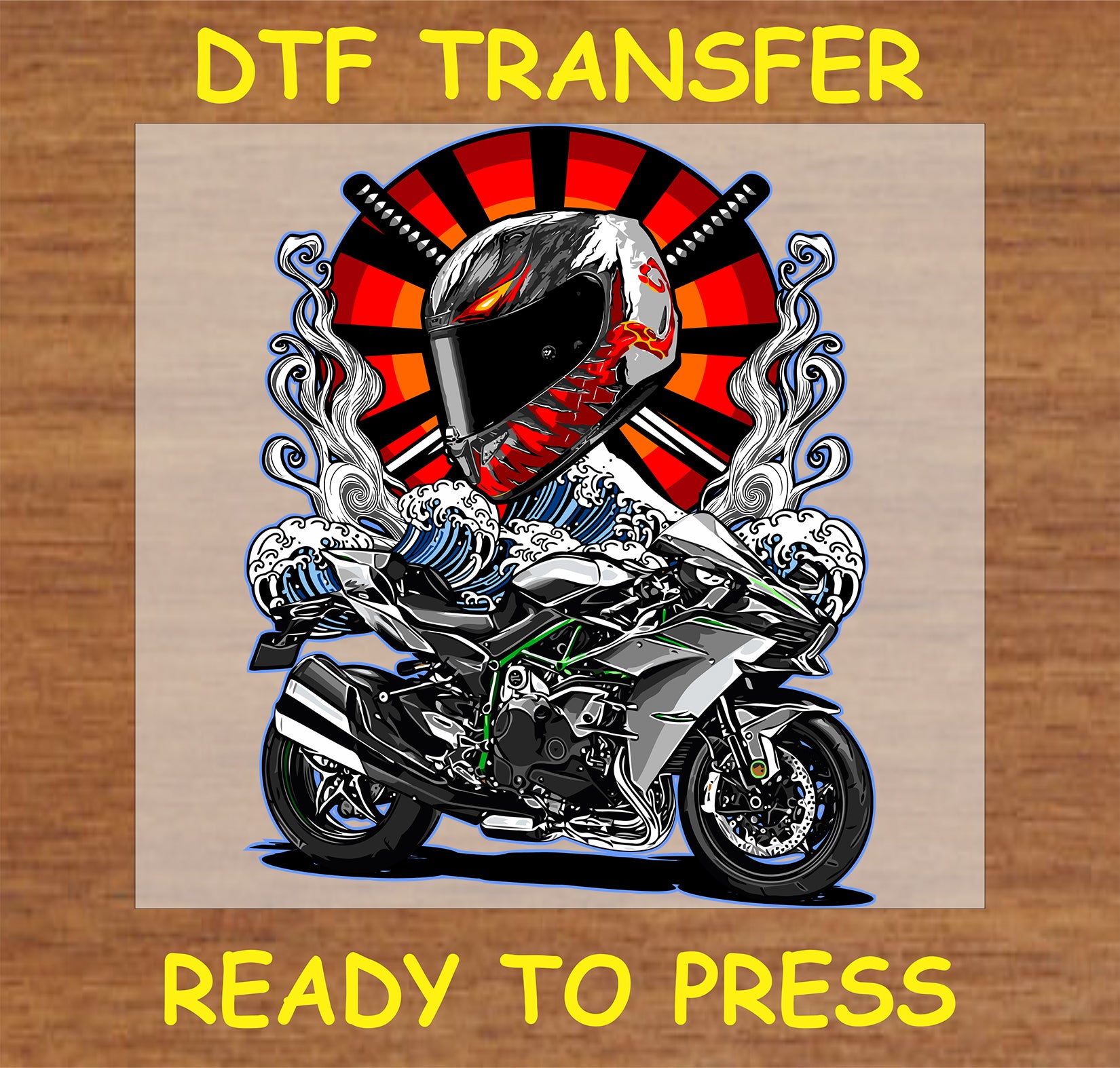 "Samurai Helmet and Motorcycle DTF Transfer with Japanese waves, katana swords, and a motorcycle"