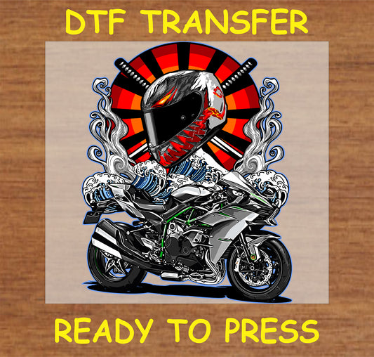 "Samurai Helmet and Motorcycle DTF Transfer with Japanese waves, katana swords, and a motorcycle"