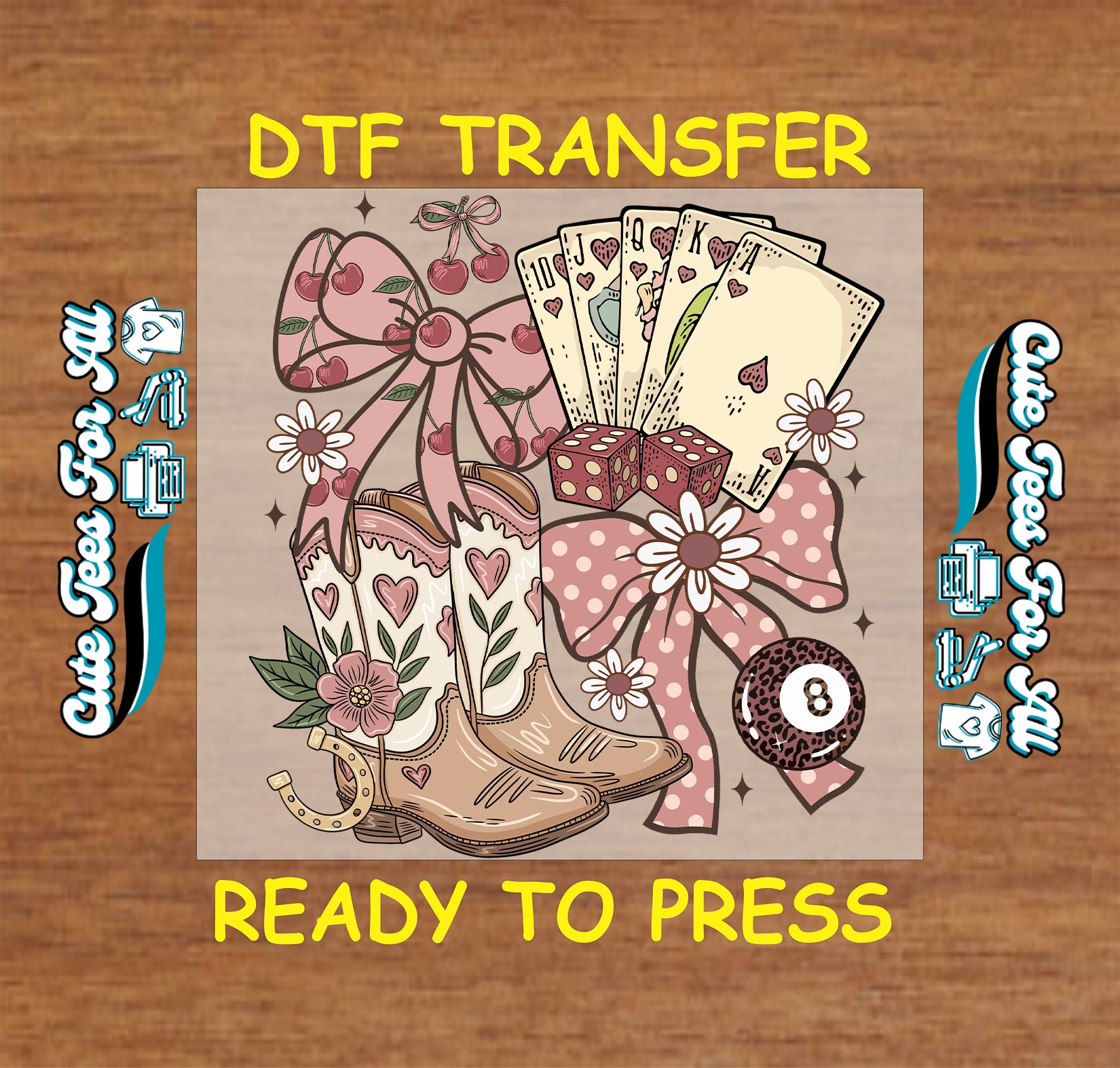 western cowgirl boots cherry bow playing cards dice floral ready to press dtf transfer iron on heat transfer design