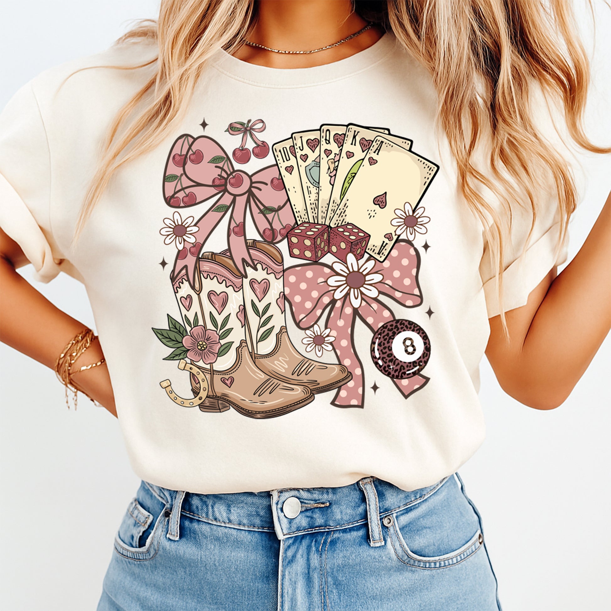 woman wearing western cowgirl boots bow cards dice graphic shirt ready to press dtf transfer heat transfer apparel mockup