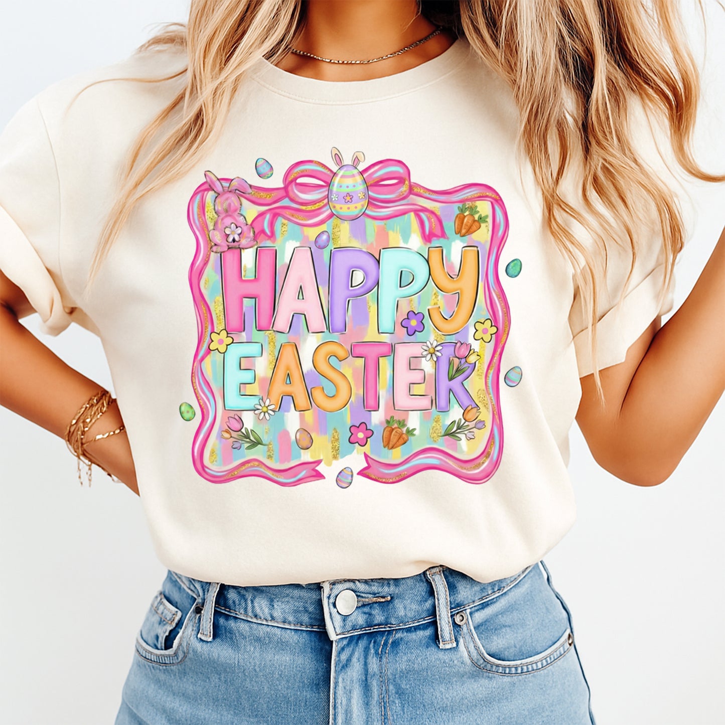 woman wearing white shirt with happy easter pastel bunny eggs flowers design ready to press dtf transfer spring graphic