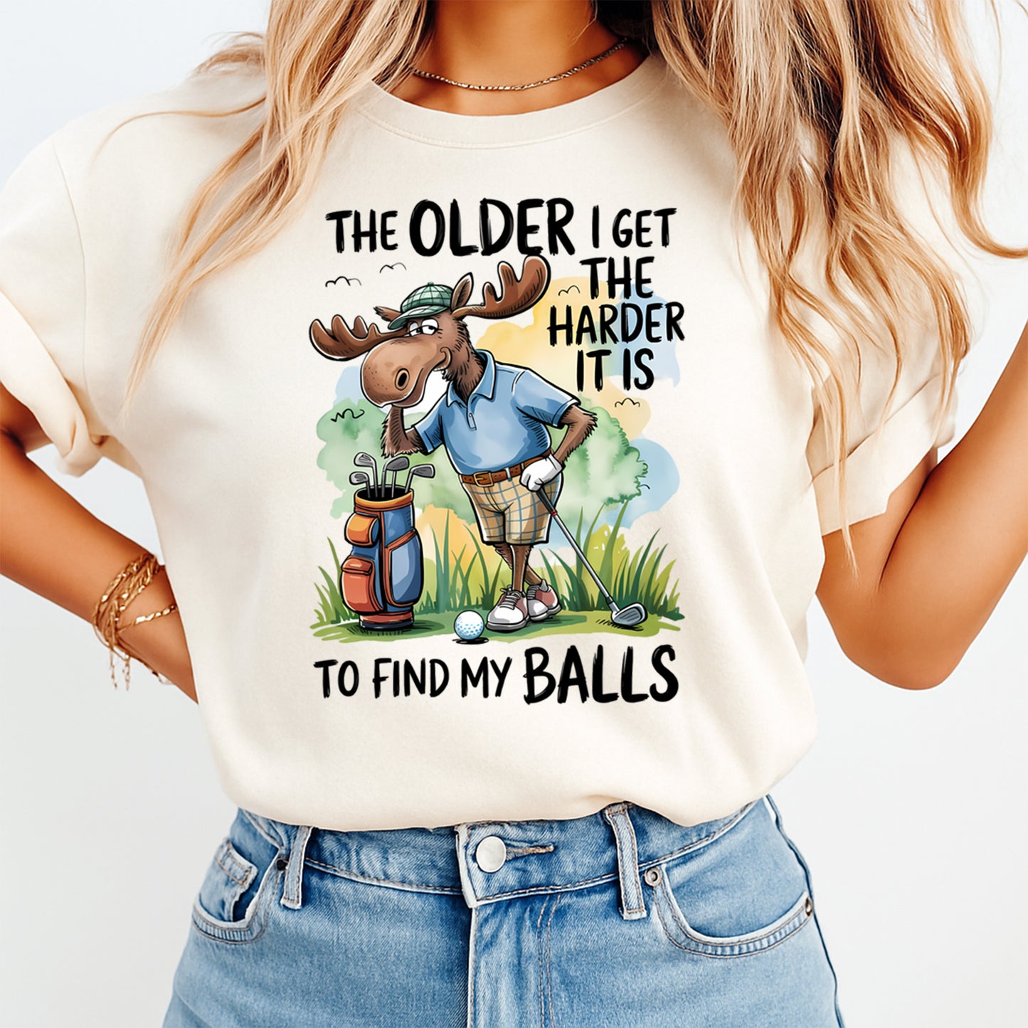 woman wearing white shirt with funny golf moose design the older i get the harder it is to find my balls ready to press dtf transfer