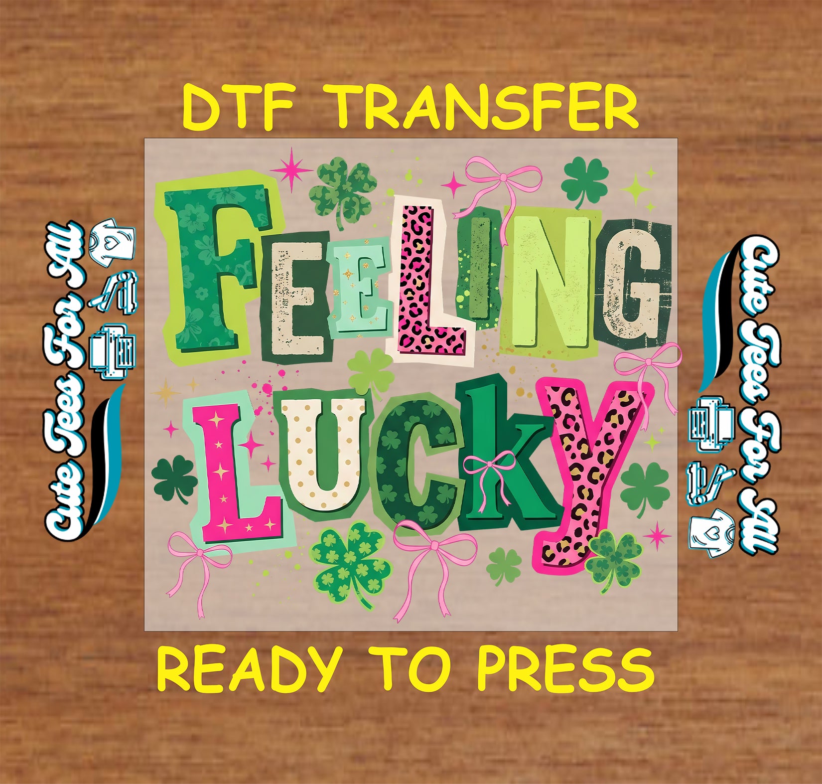 feeling lucky shamrock bow st patrick ready to press dtf transfer iron on heat transfer with green letters pink bows and clover graphics