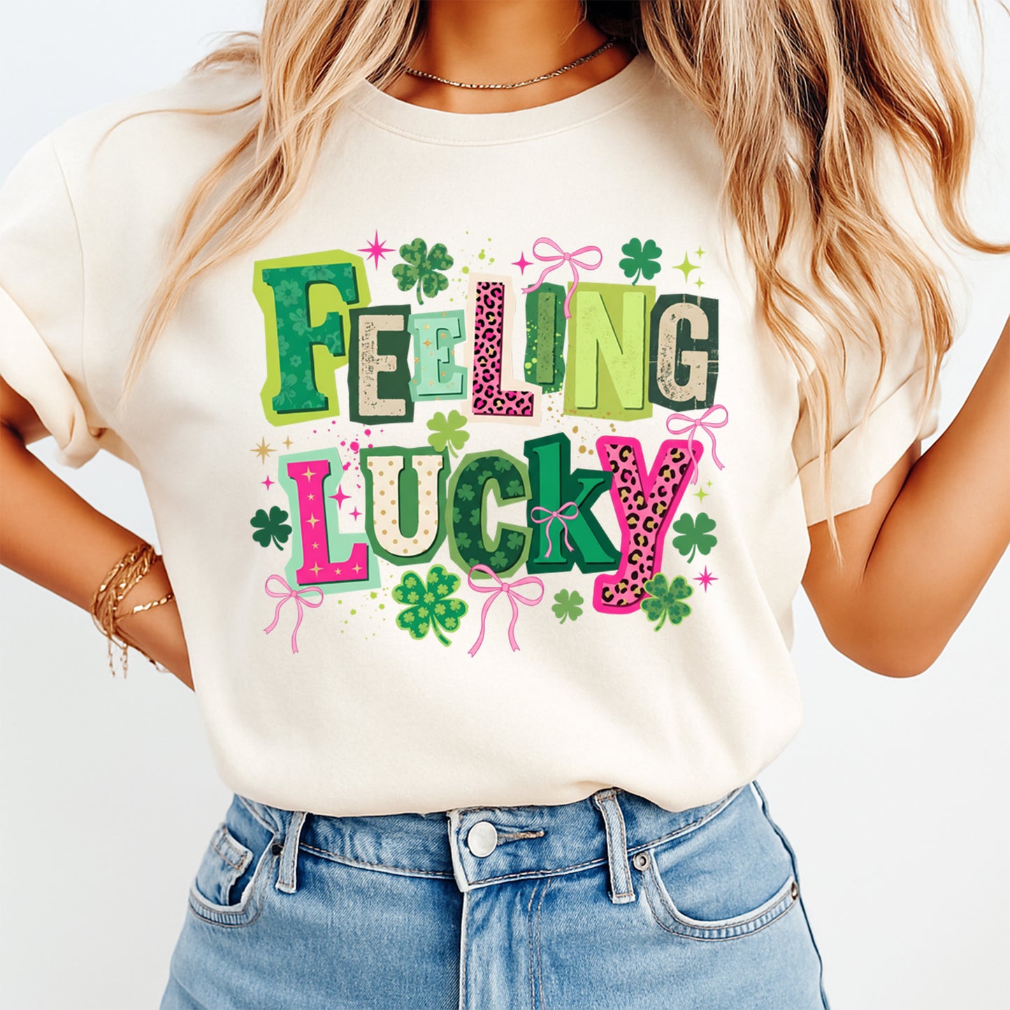 woman wearing cream shirt with feeling lucky shamrock bow st patrick graphic ready to press dtf transfer design