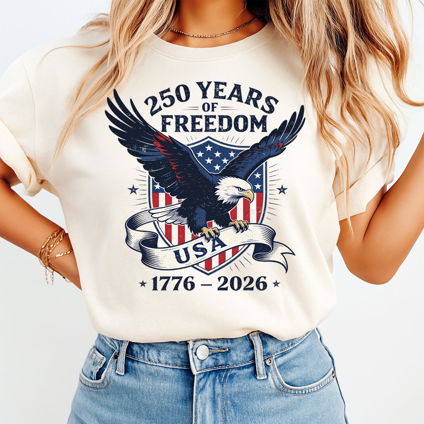 woman wearing cream shirt with patriotic eagle usa 1776 2026 250 years of freedom graphic ready to press dtf transfer design