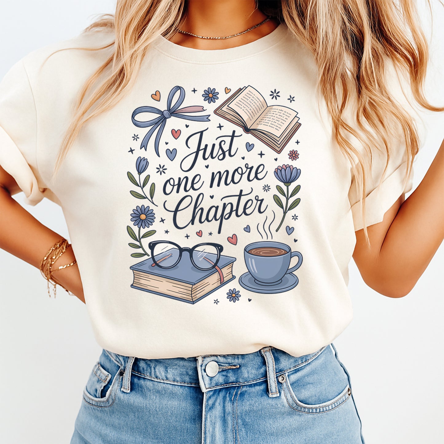 woman wearing just one more chapter book lover graphic shirt cozy reading aesthetic apparel mockup dtf transfer