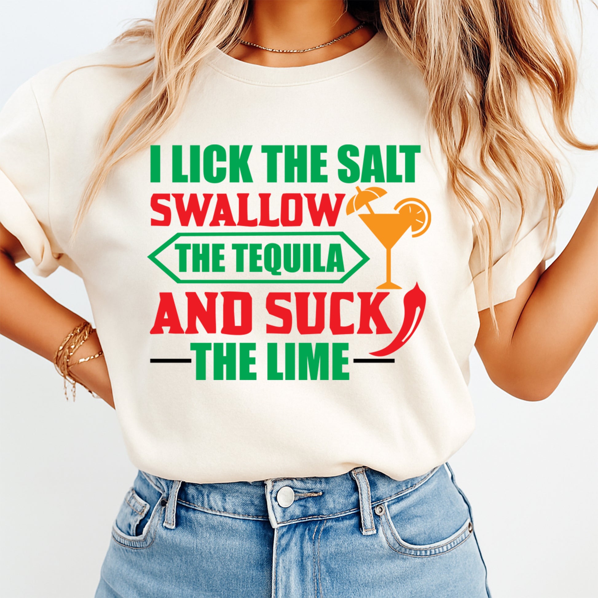 woman wearing funny tequila quote fiesta graphic shirt party apparel mockup ready to press dtf transfer heat transfer
