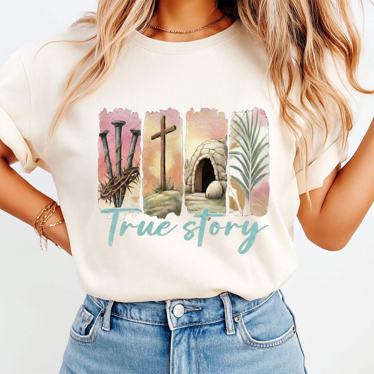 woman wearing christian easter true story cross empty tomb graphic shirt faith apparel mockup dtf transfer