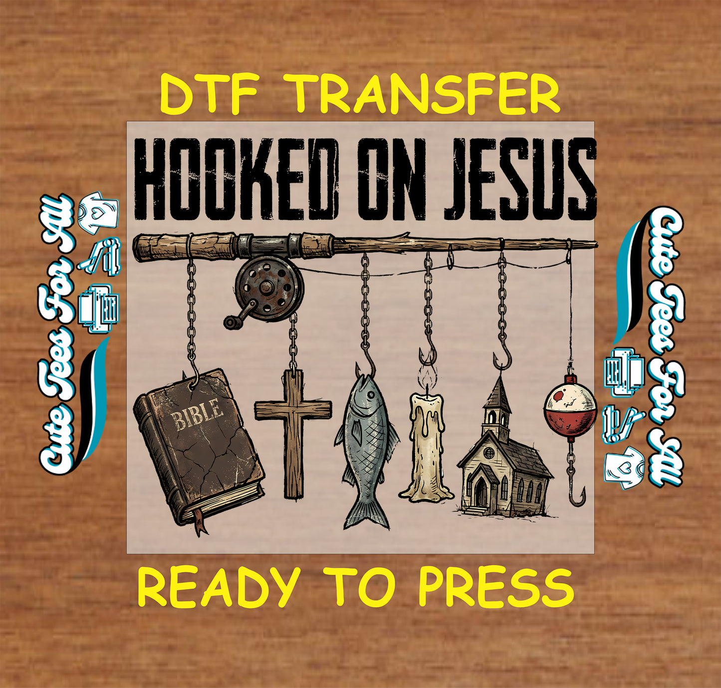 hooked on jesus christian fishing bible cross fish church ready to press dtf transfer iron on heat transfer design