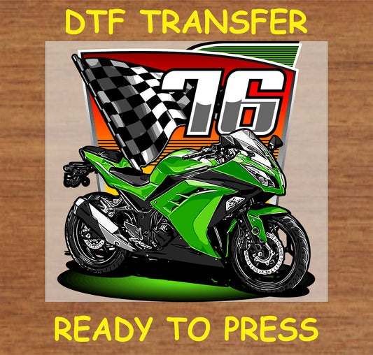 "Racing Motorcycle DTF Transfer with green bike, checkered flag, and number 76"