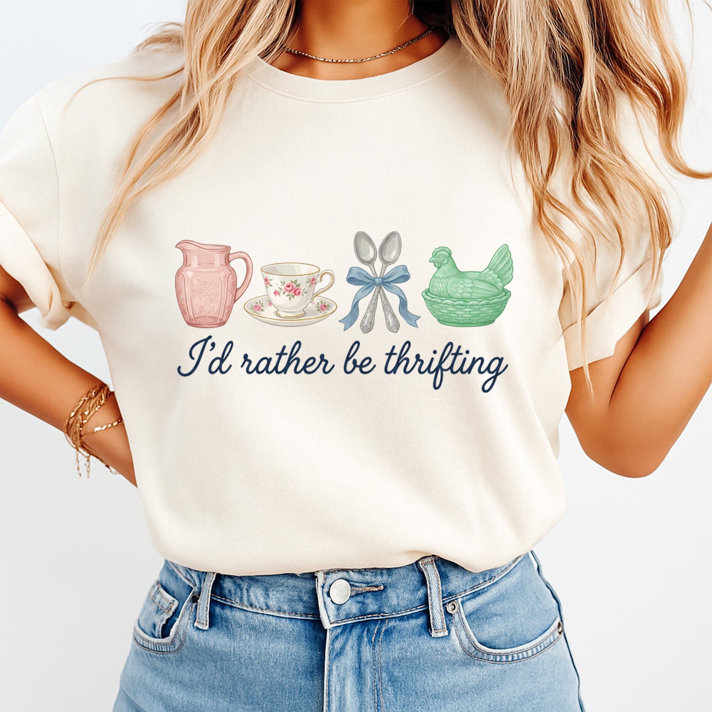 woman wearing id rather be thrifting vintage aesthetic graphic shirt thrift lover apparel mockup dtf transfer