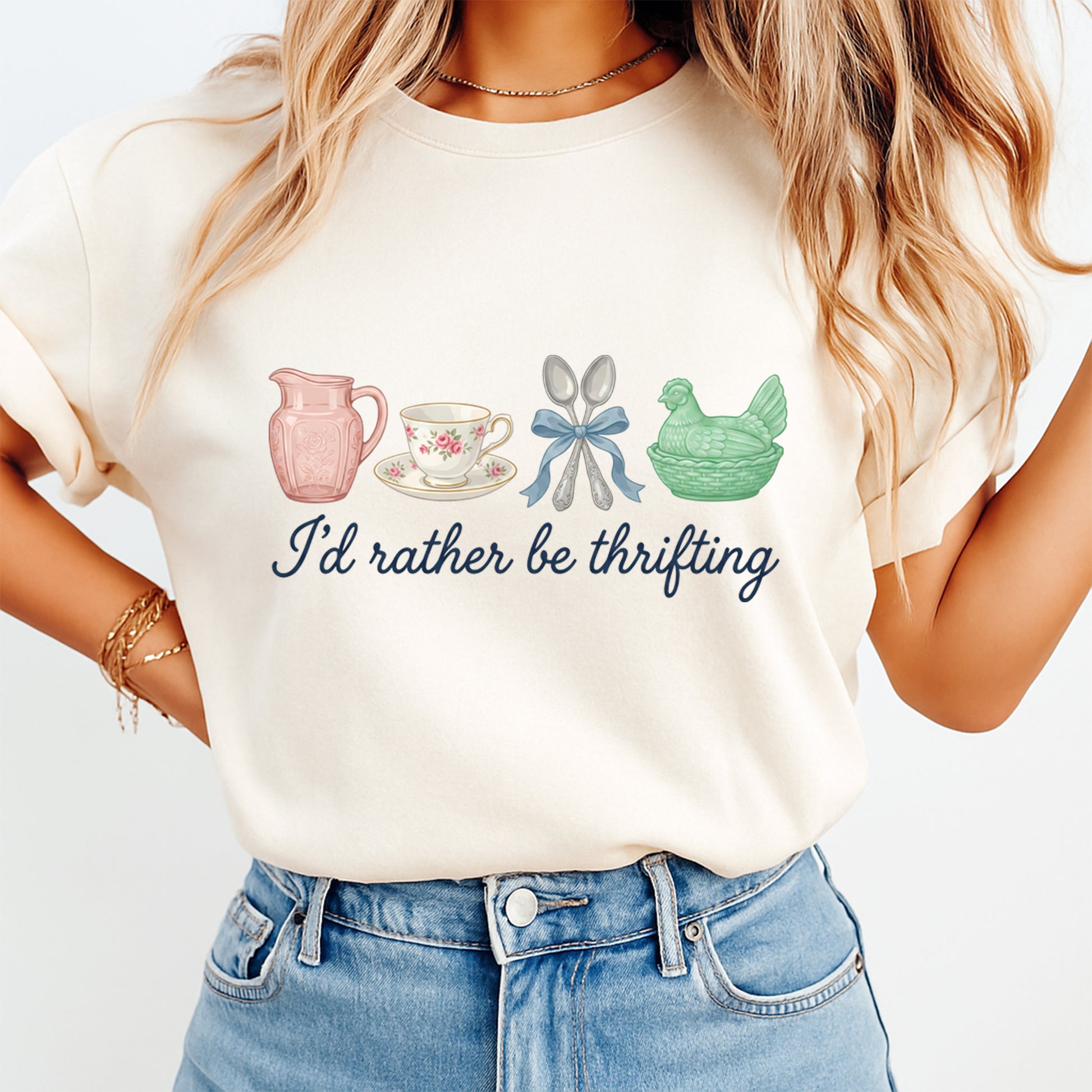 woman wearing id rather be thrifting vintage aesthetic graphic shirt thrift lover apparel mockup dtf transfer