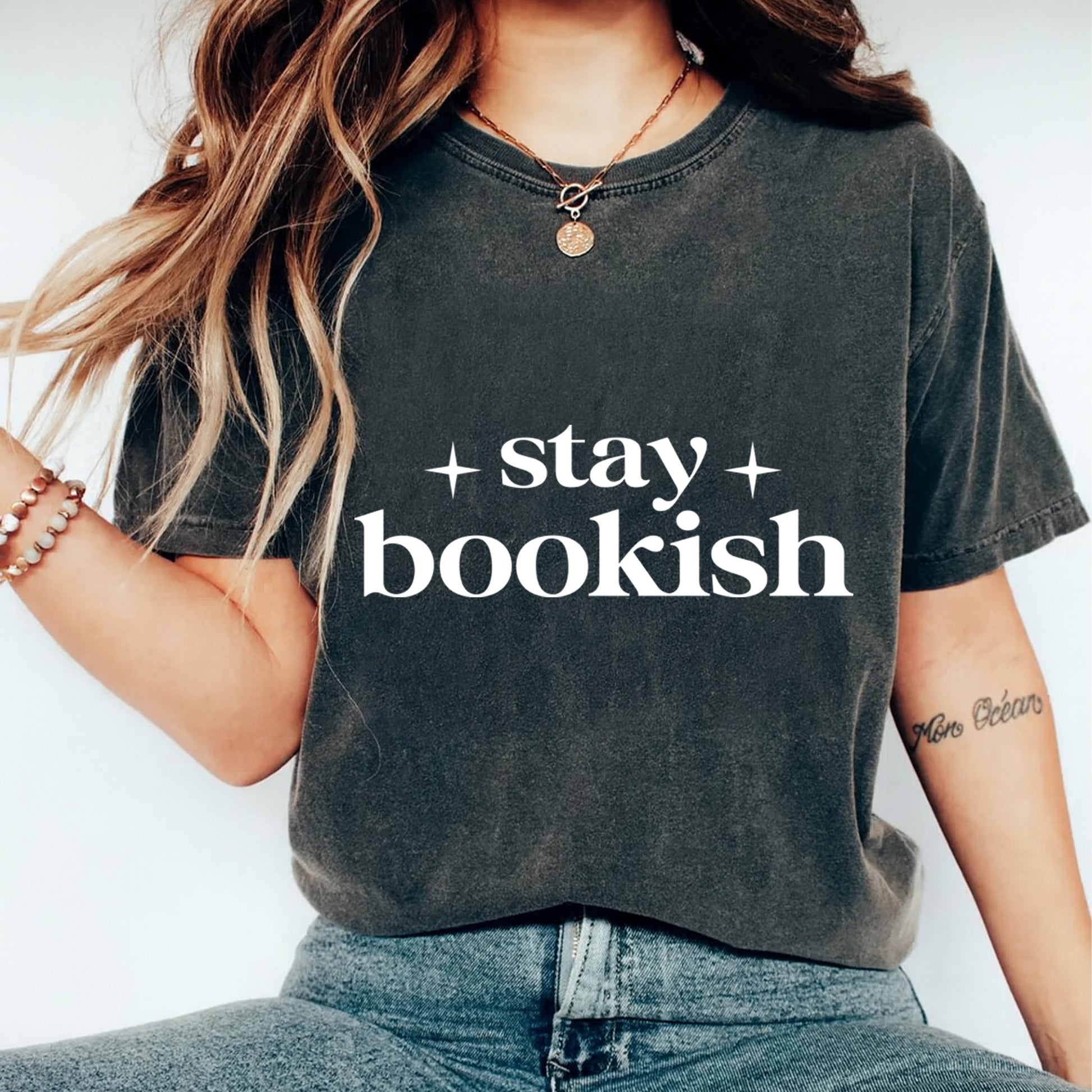 woman wearing stay bookish minimalist reading quote graphic shirt book lover apparel mockup dtf transfer