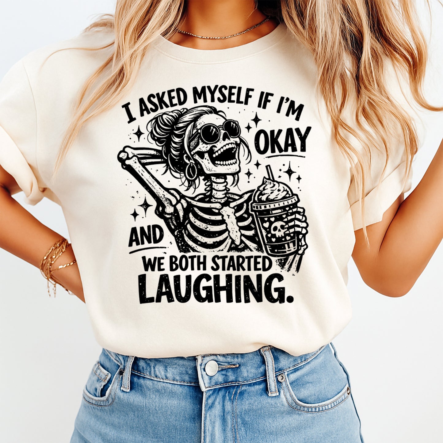 woman wearing funny skeleton sarcastic quote graphic shirt edgy humor apparel mockup dtf transfer