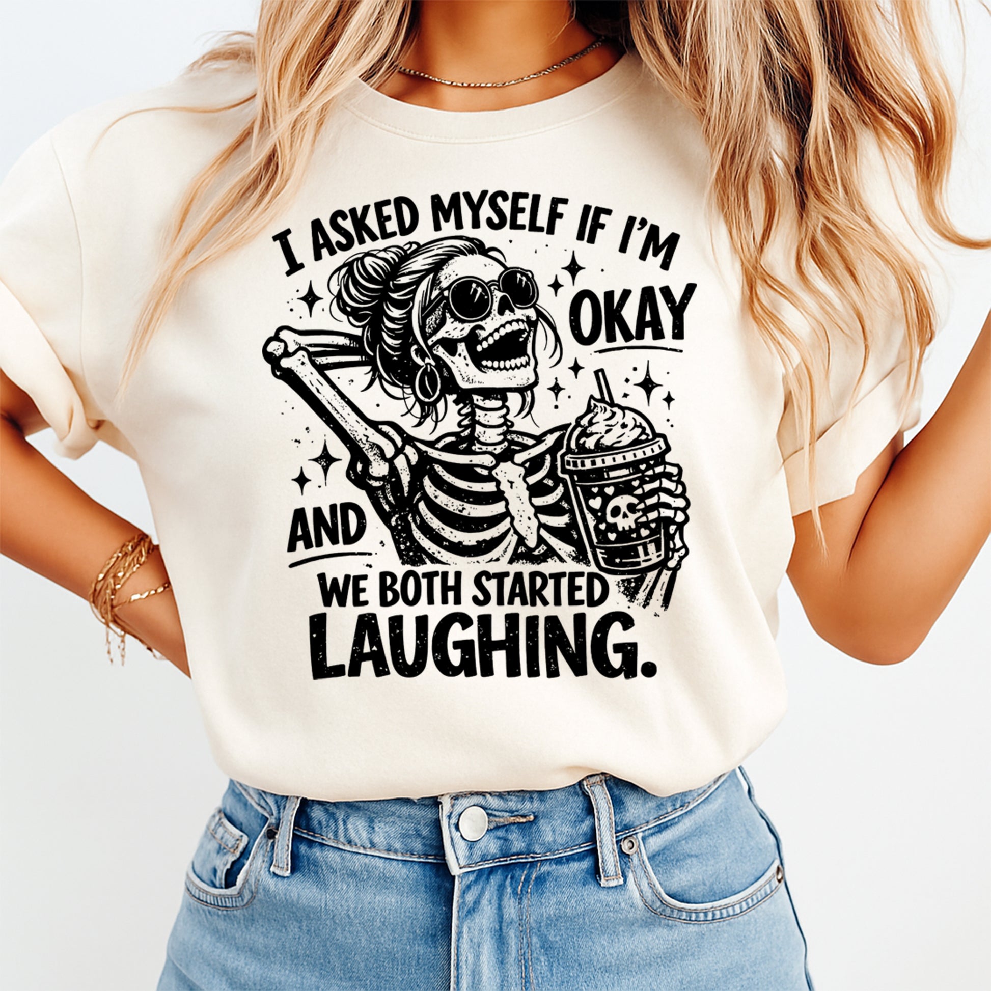 woman wearing funny skeleton sarcastic quote graphic shirt edgy humor apparel mockup dtf transfer