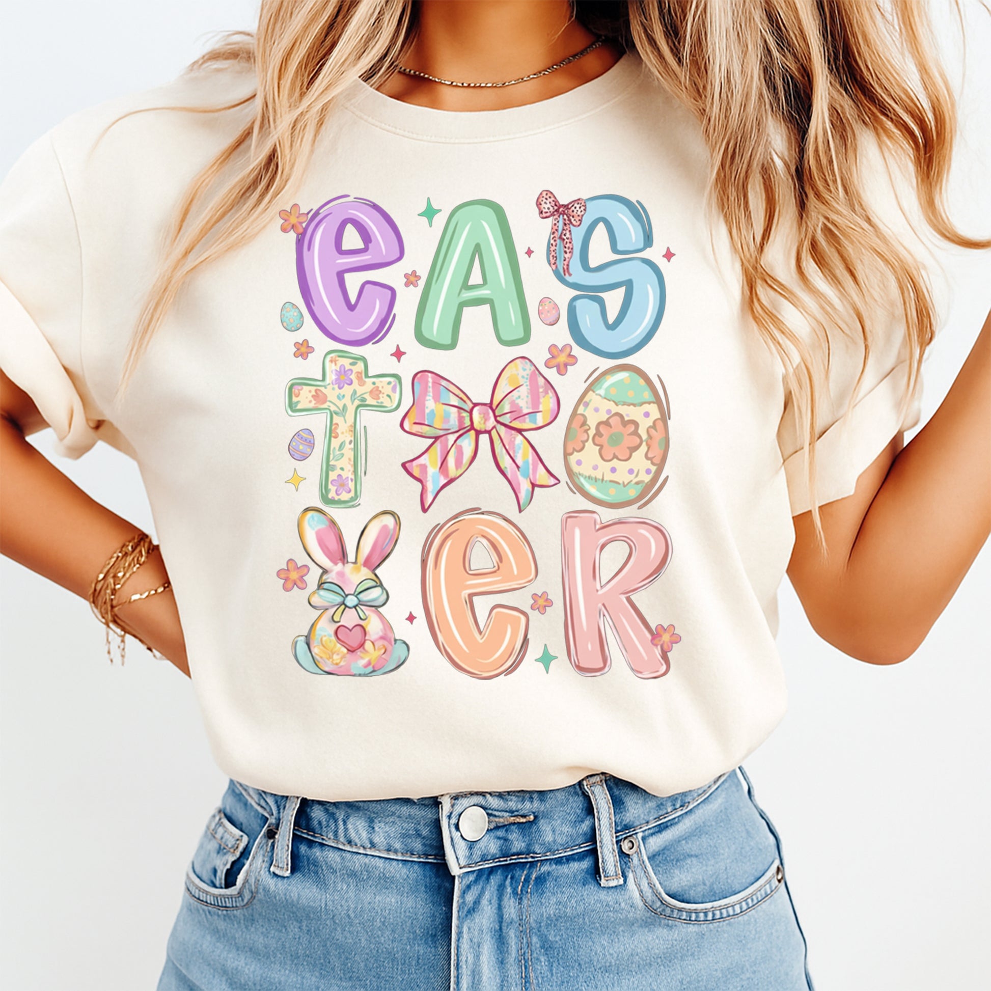 woman wearing cute easter pastel bunny cross bow eggs graphic shirt spring apparel mockup dtf transfer