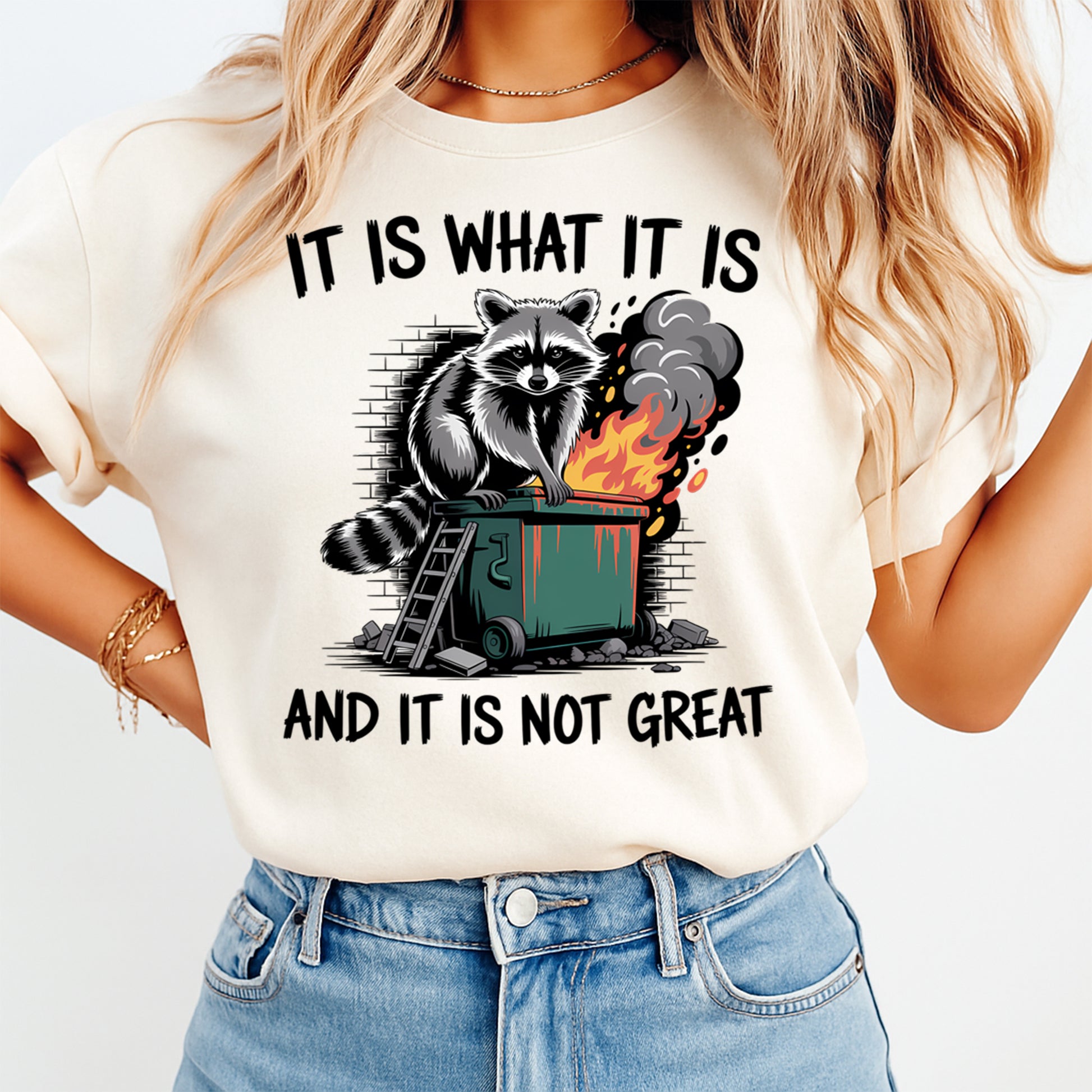 Cream shirt mockup showing funny raccoon ready to press dtf transfer with trash can fire artwork and sarcastic quote