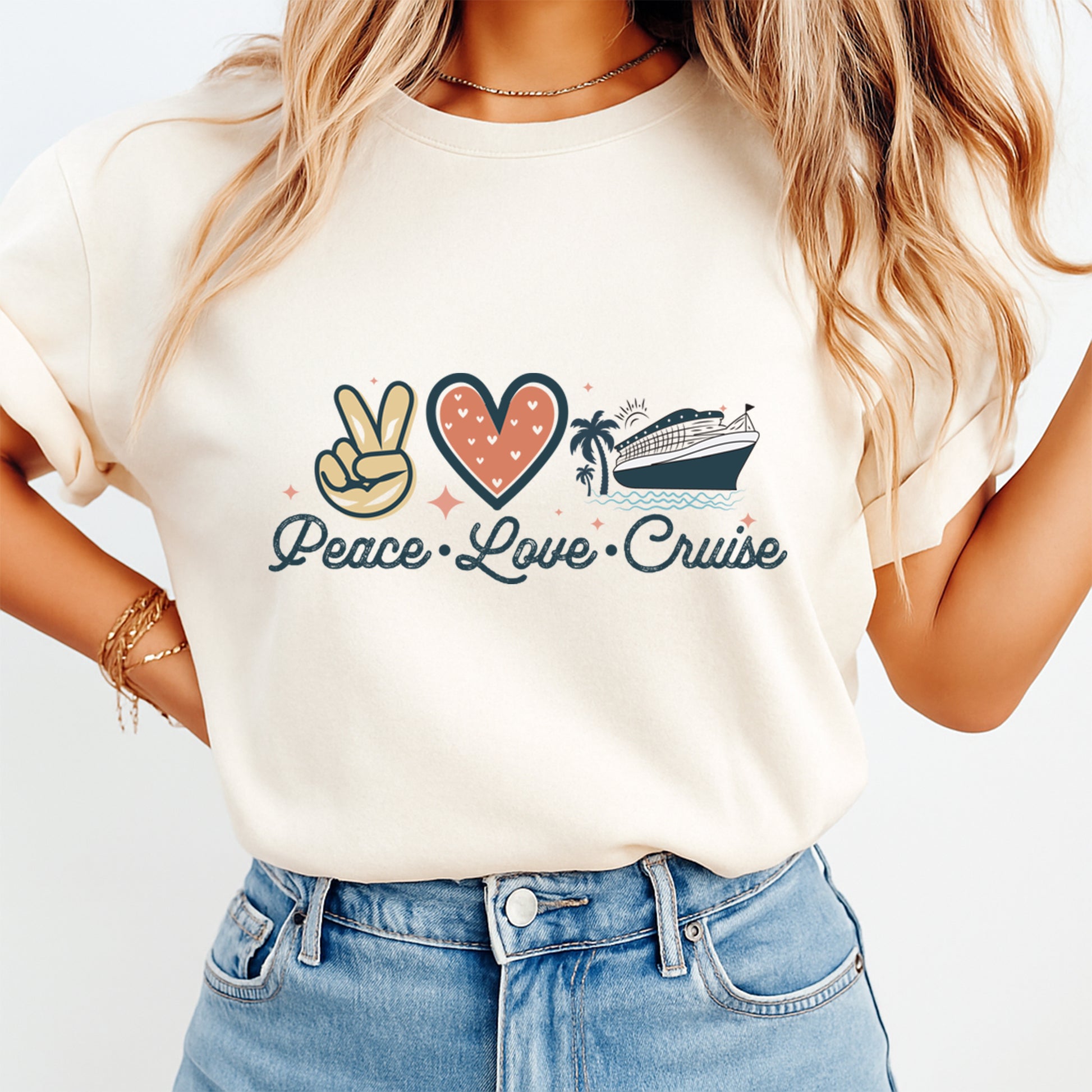 Cream shirt mockup featuring peace love cruise ready to press dtf transfer with summer vacation cruise ship design