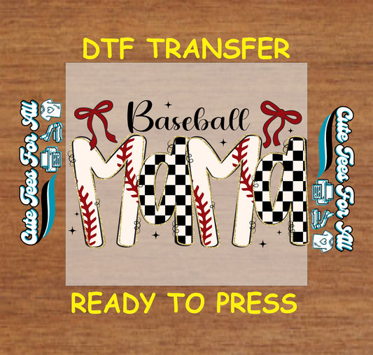 Baseball mom ready to press dtf transfer with checkered letters red bows and baseball stitching graphic
