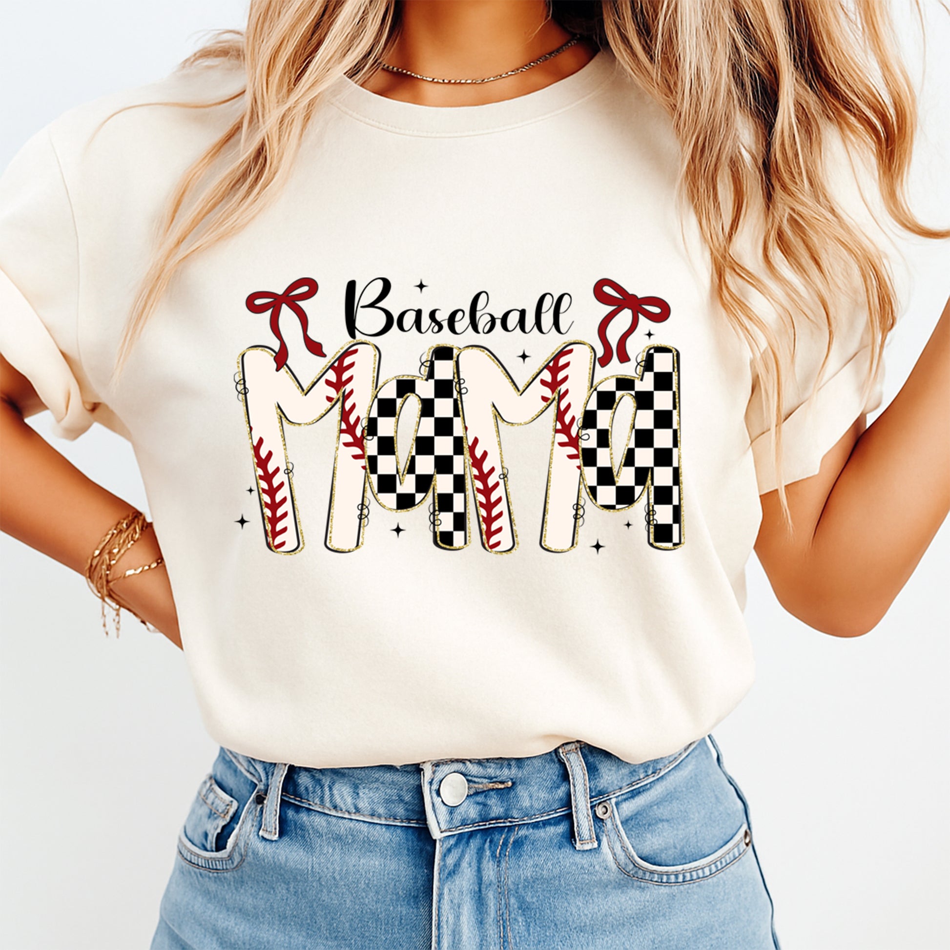 Cream shirt mockup showing baseball mom ready to press dtf transfer with checkered baseball graphic and bows