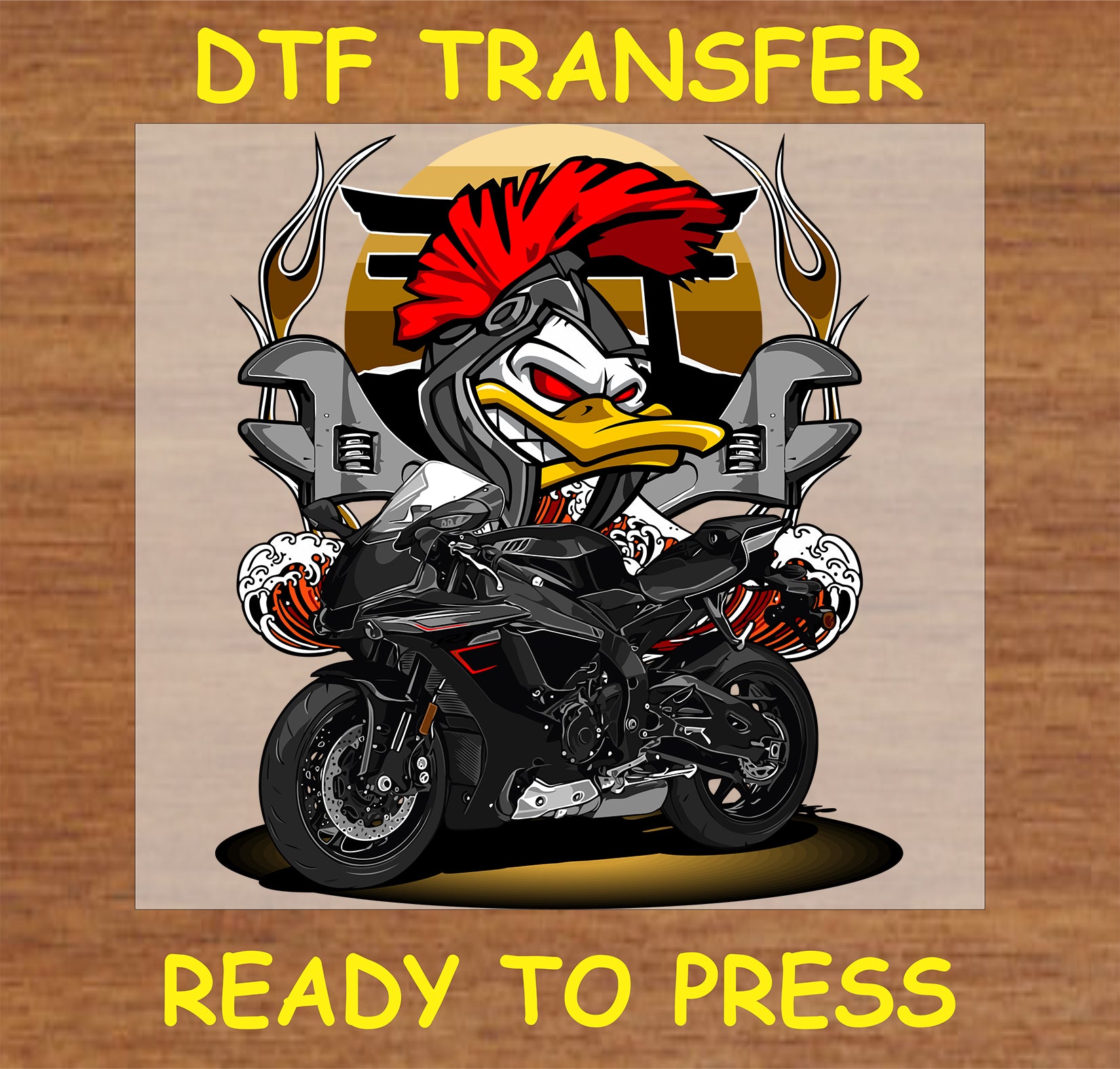"Duck Rider DTF Transfer with biker duck and motorcycle"
