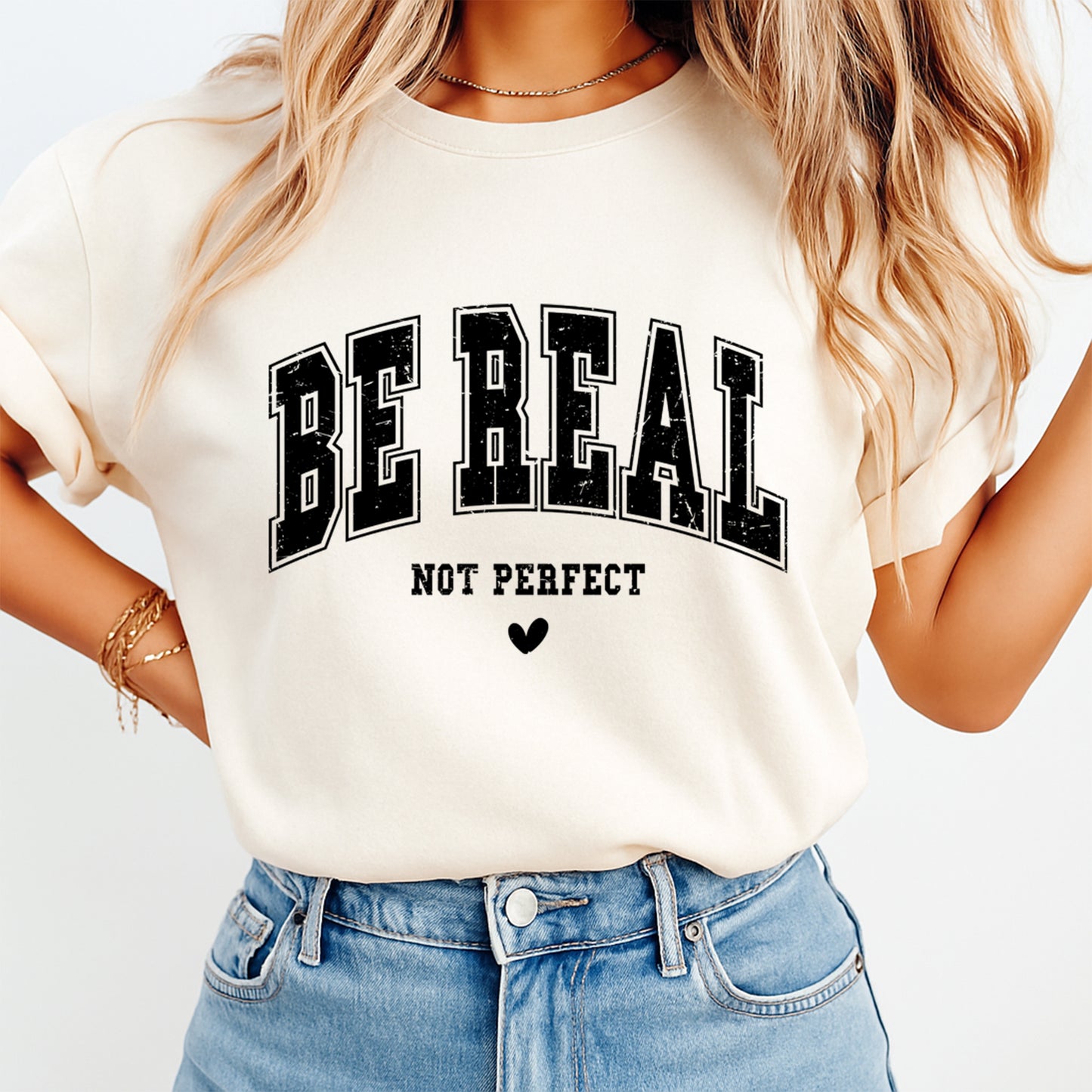 Cream shirt mockup featuring be real not perfect ready to press dtf transfer with bold typography design