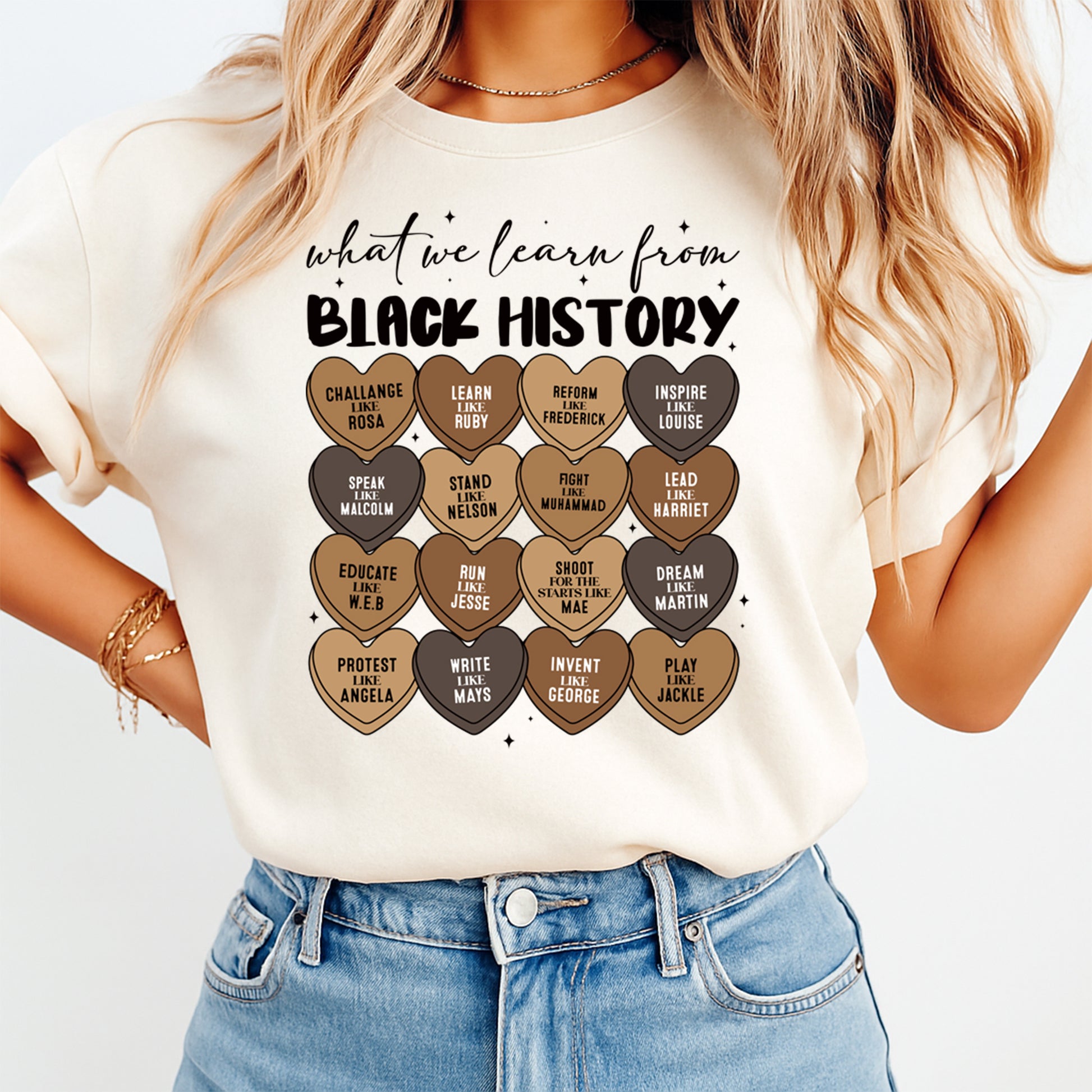 Cream shirt mockup showing Black History ready to press dtf transfer with inspirational quotes and heart design layout
