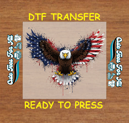 patriotic bald eagle ready to press dtf transfer with american flag wings and red white blue splatter background