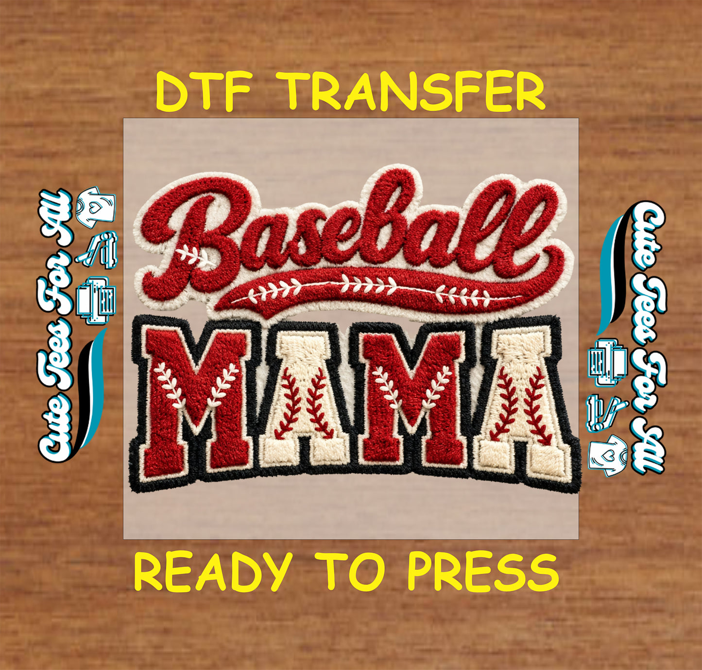 baseball mama chenille patch style ready to press dtf transfer with stitched lettering and baseball details