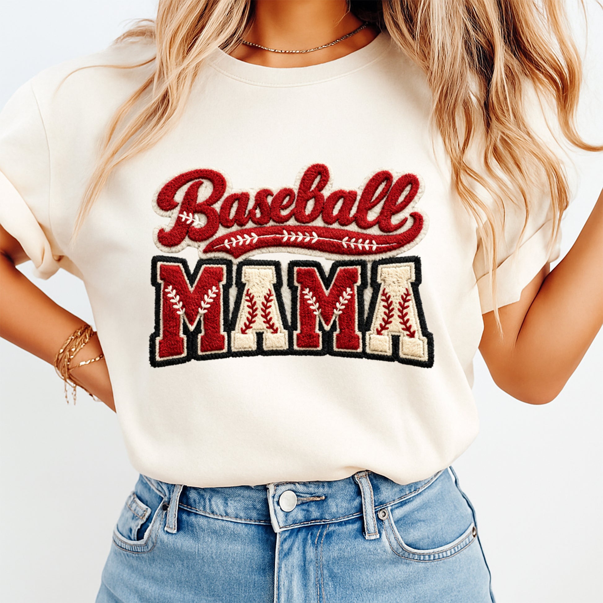 woman wearing beige shirt with baseball mama dtf transfer in chenille patch lettering and stitched baseball accents