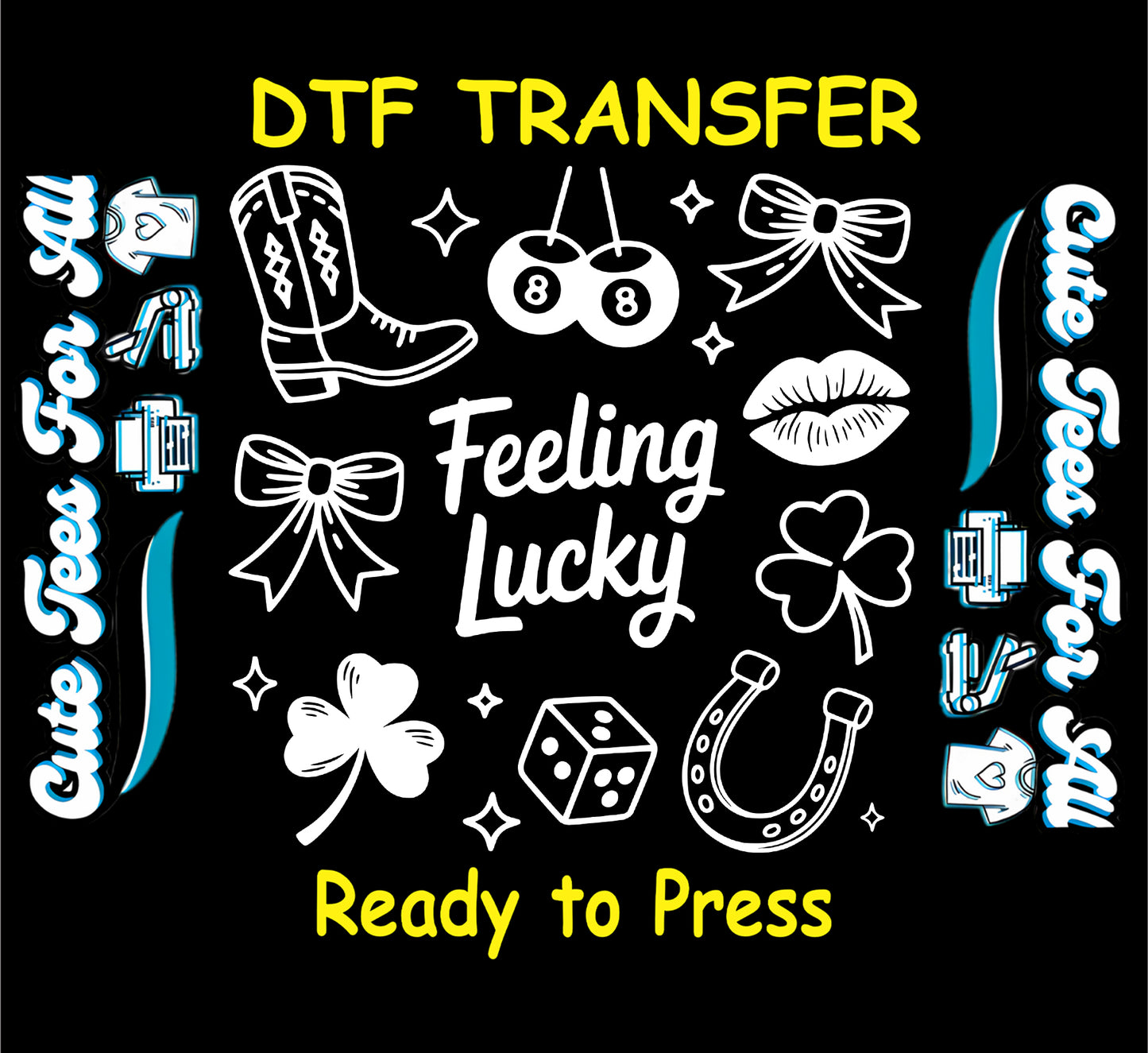 feeling lucky western themed ready to press dtf transfer with cowgirl boot clover dice cherries and bow icons