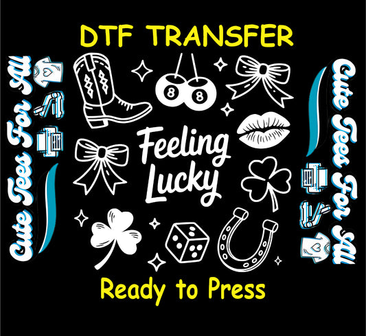 feeling lucky western themed ready to press dtf transfer with cowgirl boot clover dice cherries and bow icons