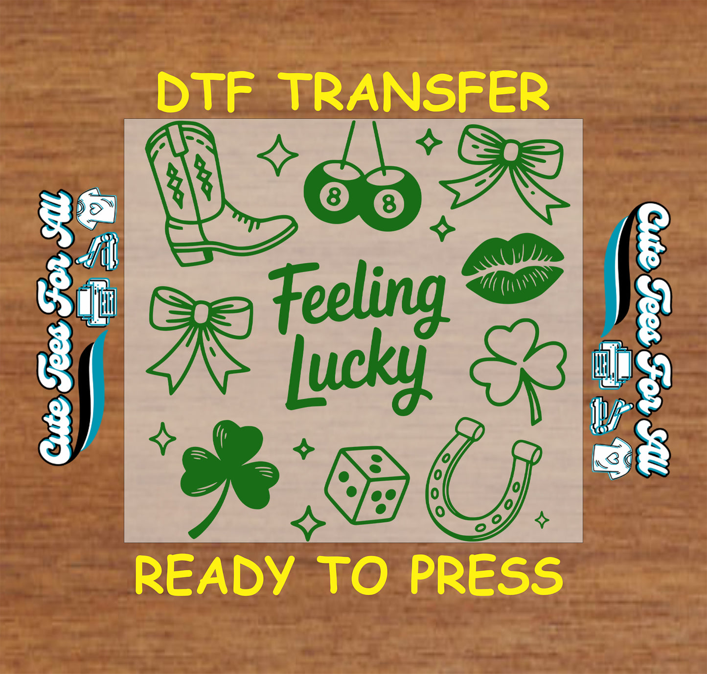 green feeling lucky ready to press dtf transfer with clover icons cowgirl boot dice cherries bows and horseshoe