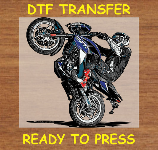"Motorcycle Wheelie Stunt DTF Transfer with biker performing wheelie"