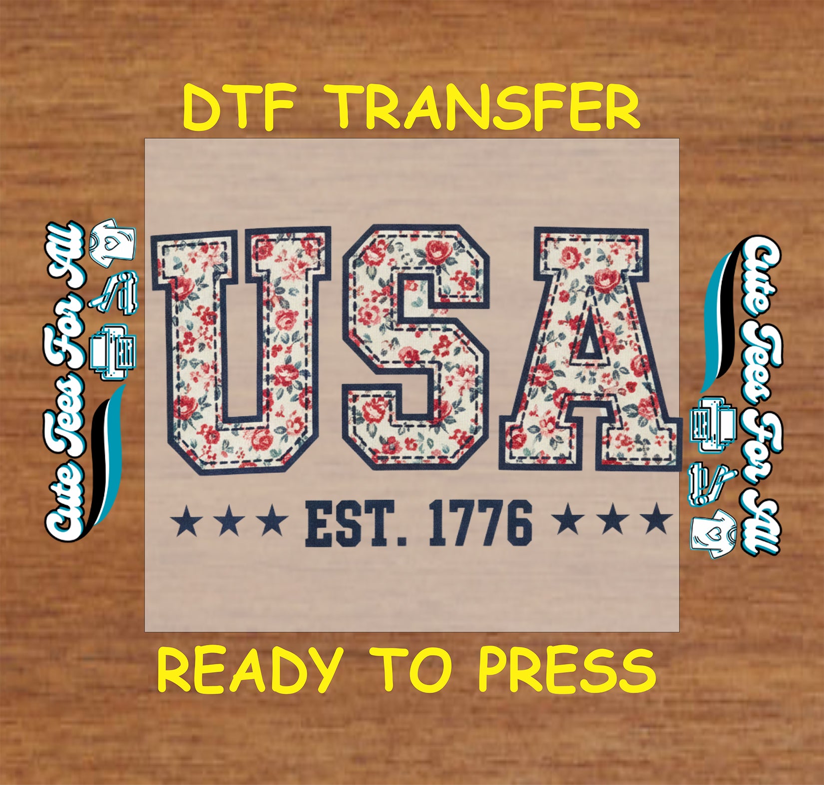usa est 1776 floral lettering ready to press dtf transfer with vintage americana pattern and patriotic stars