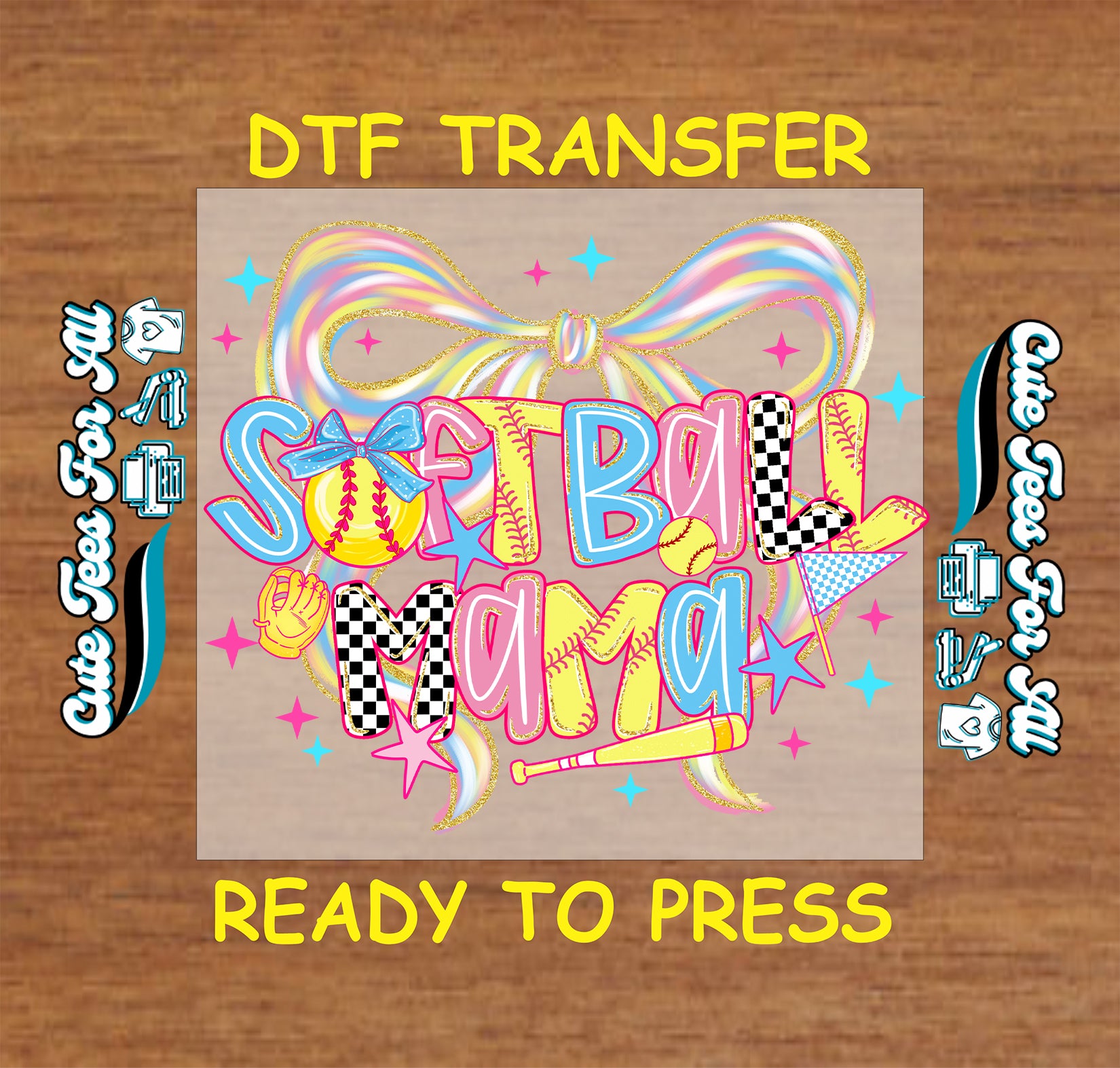 softball mama colorful bow ready to press dtf transfer with bright retro lettering bat glove and softball elements