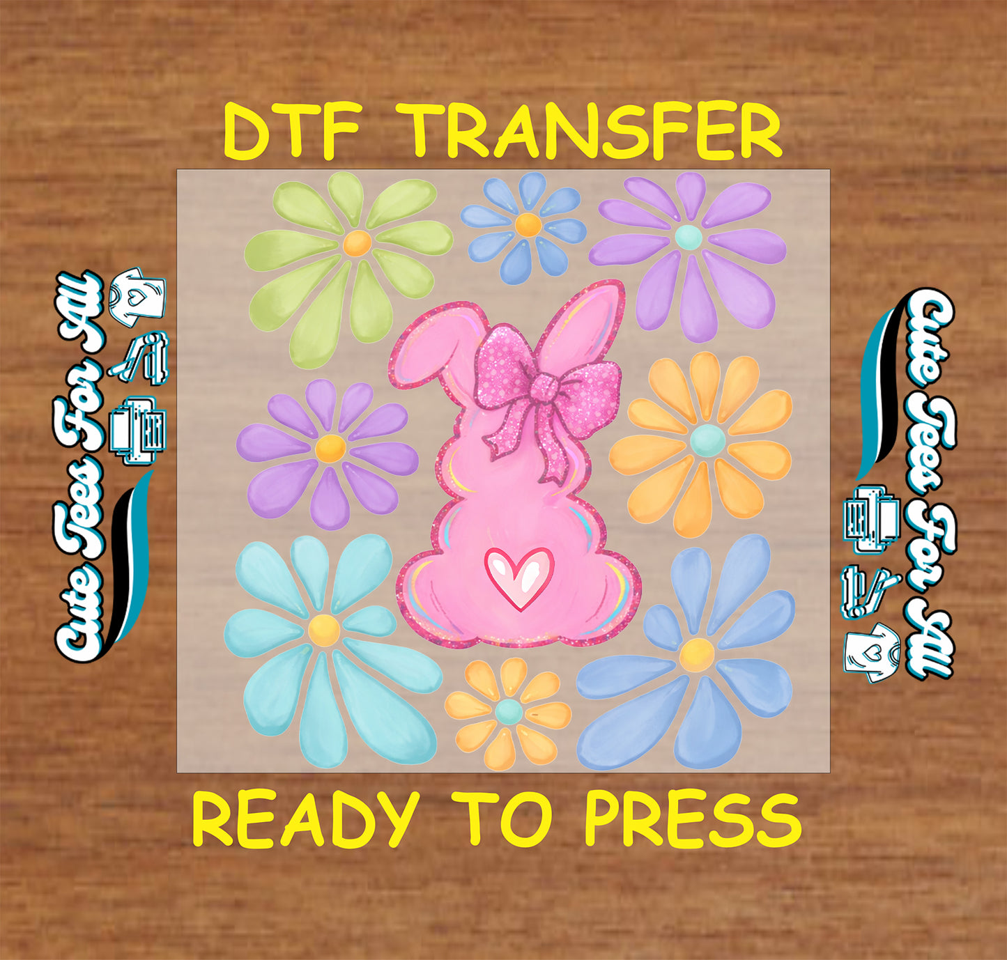 pink bunny floral daisy ready to press dtf transfer with pastel flowers and bow design for easter shirts