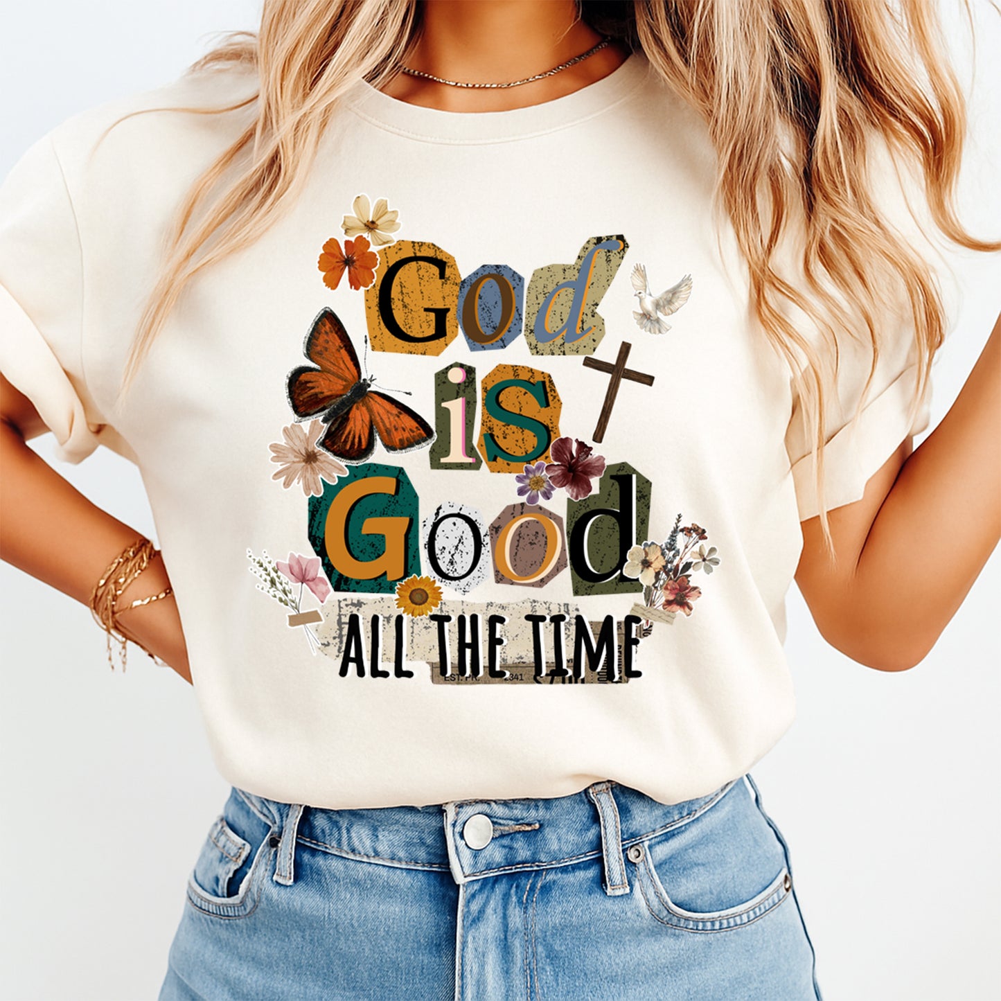 woman wearing shirt with god is good all the time christian graphic ready to press dtf transfer floral butterfly cross design