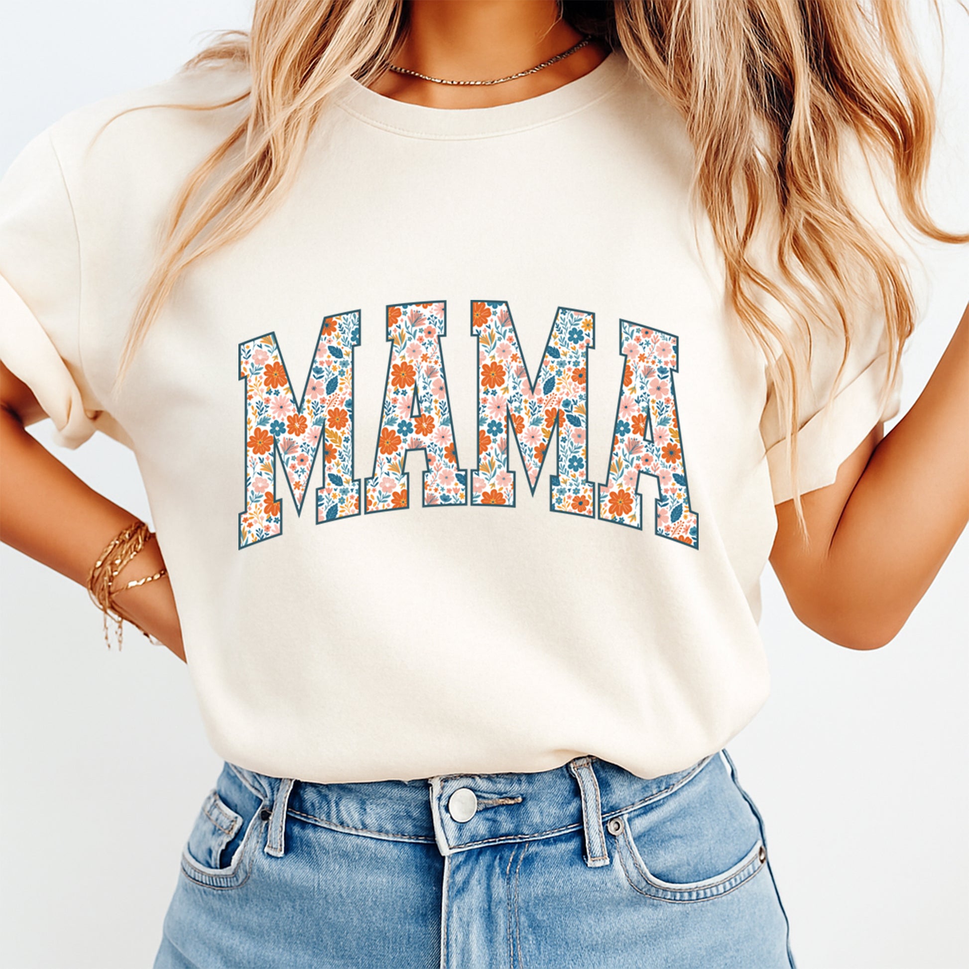 woman wearing mama floral graphic shirt ready to press dtf transfer vintage flower pattern mama design on beige tee